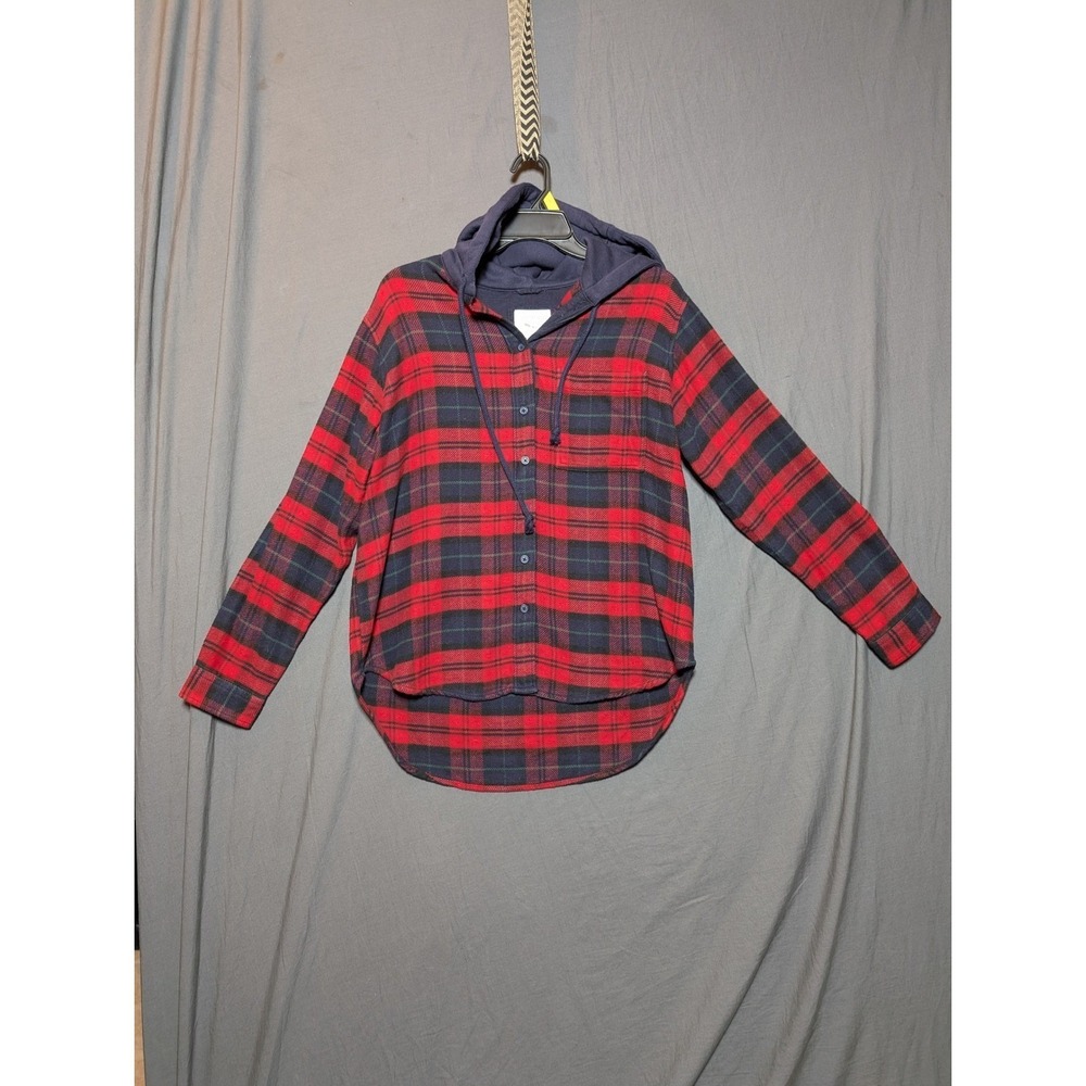American Eagle Outfitters Mens Red Navy Plaid Button Up Flannel Hoodie Shirt XS